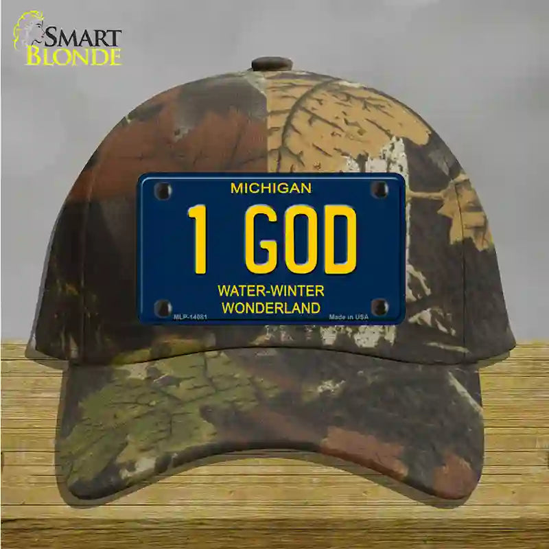 1 God Michigan Blue Novelty License Plate Hat Cotton / Camoflauge