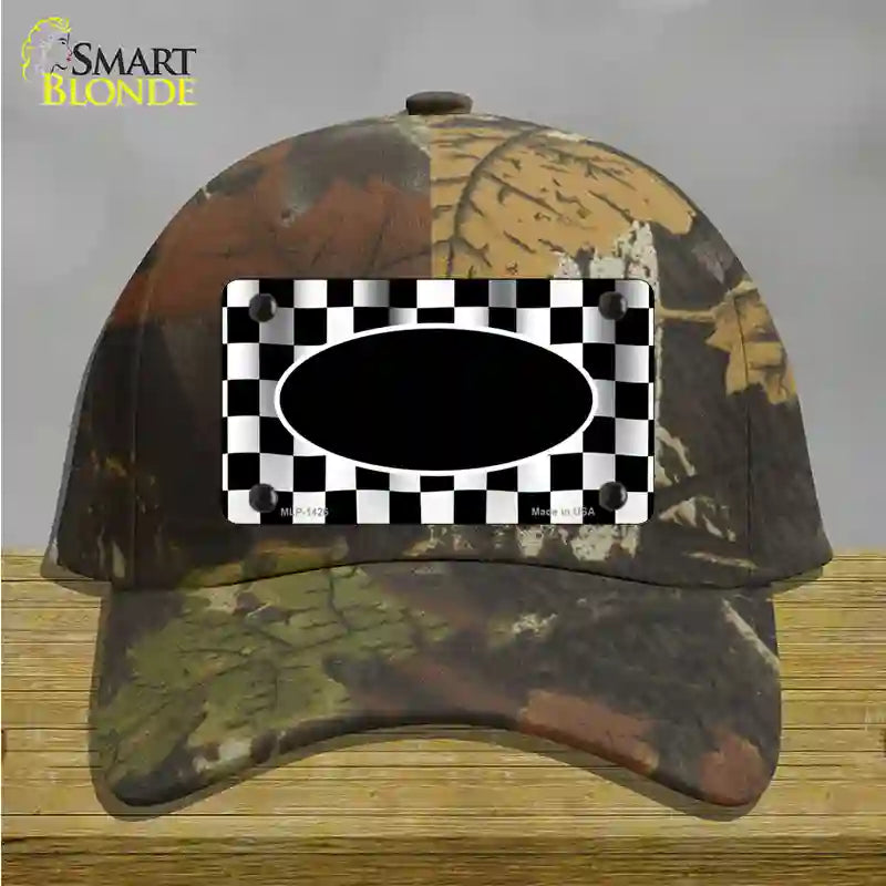 Waving Checkered Flag With Black Center Oval Novelty License Plate Hat Cotton / Camoflauge