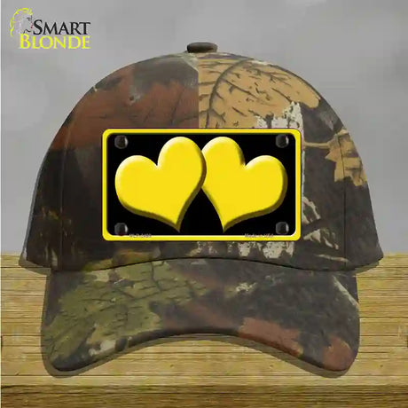 Solid Yellow Centered Hearts Black Novelty License Plate Hat Cotton / Camoflauge