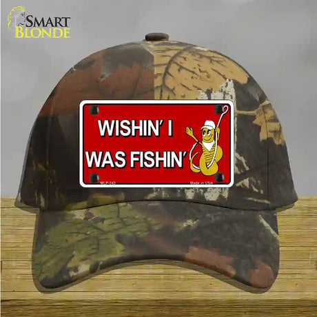 Wishin I Was Fishin Red Novelty License Plate Hat Cotton / Camoflauge