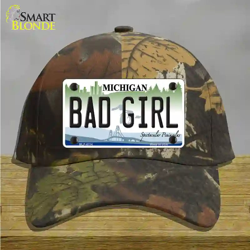 Bad Girl Michigan Novelty License Plate Hat Cotton / Camoflauge