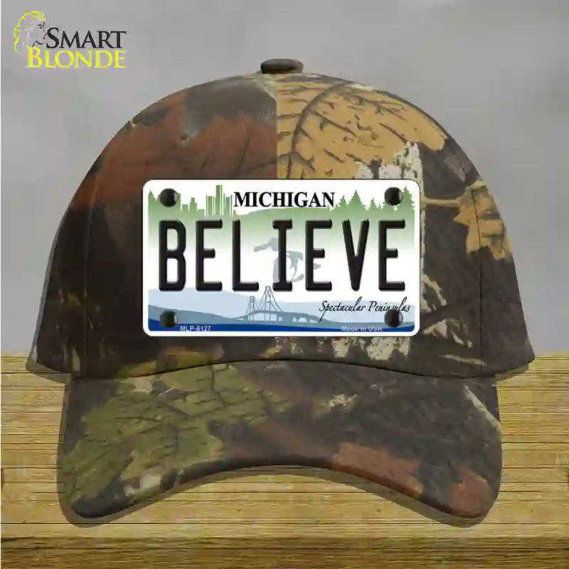 Believe Michigan Novelty License Plate Hat Cotton / Camoflauge