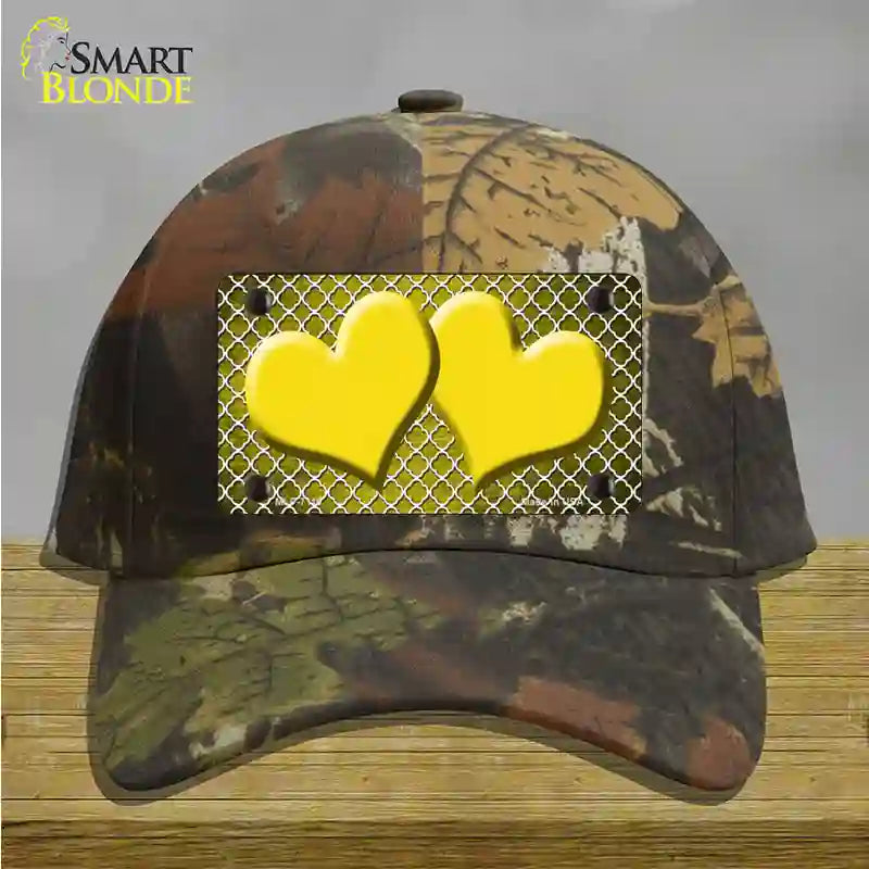 Yellow White Quatrefoil Hearts Oil Rubbed Novelty License Plate Hat Cotton / Camoflauge