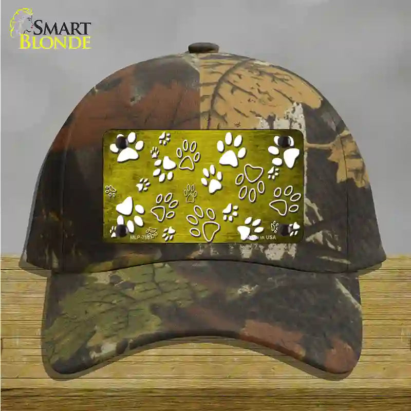 Yellow White Paw Oil Rubbed Novelty License Plate Hat Cotton / Camoflauge