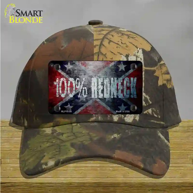 100% Redneck Confederate Novelty License Plate Hat Cotton / Camoflauge