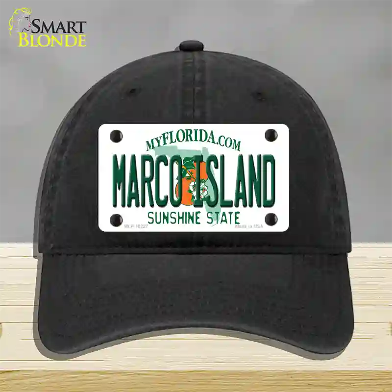 Marco Island Florida Novelty License Plate Hat Unconstructed Cotton / Black