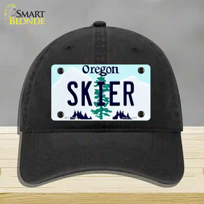 Skier Oregon Novelty License Plate Hat Unconstructed Cotton / Black