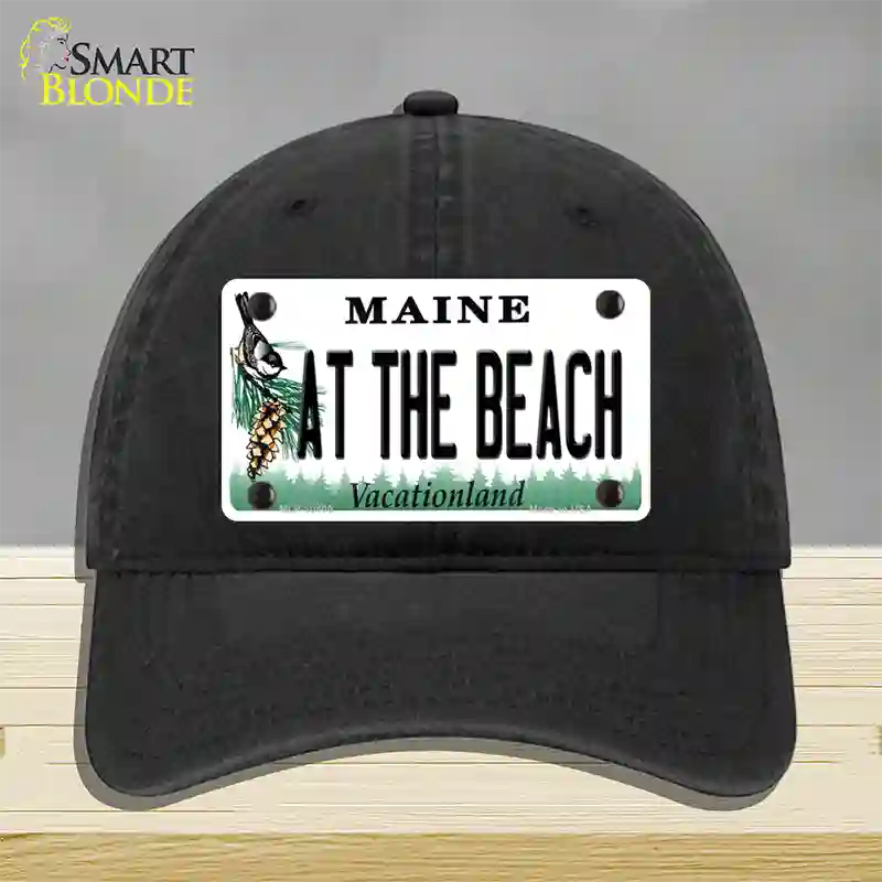 At The Beach Maine Novelty License Plate Hat Unconstructed Cotton / Black