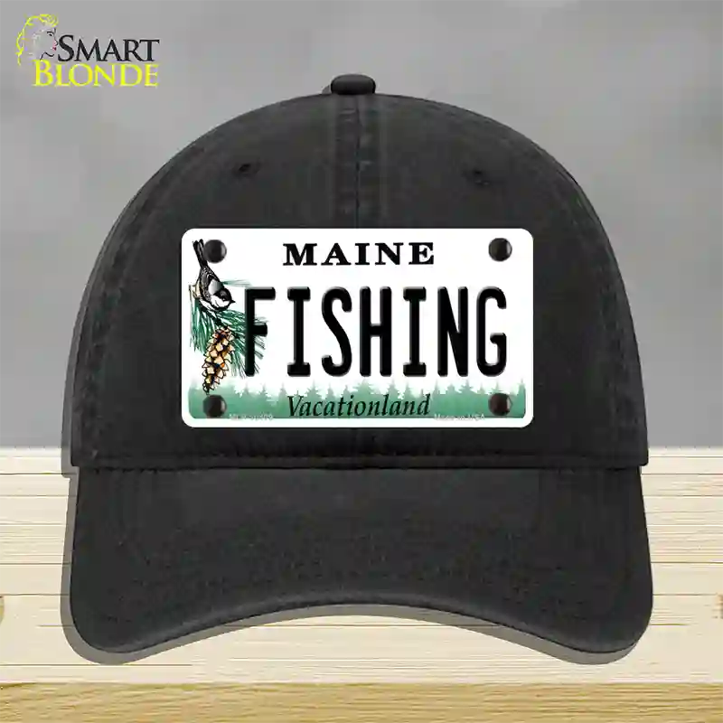 Fishing Maine Novelty License Plate Hat Unconstructed Cotton / Black