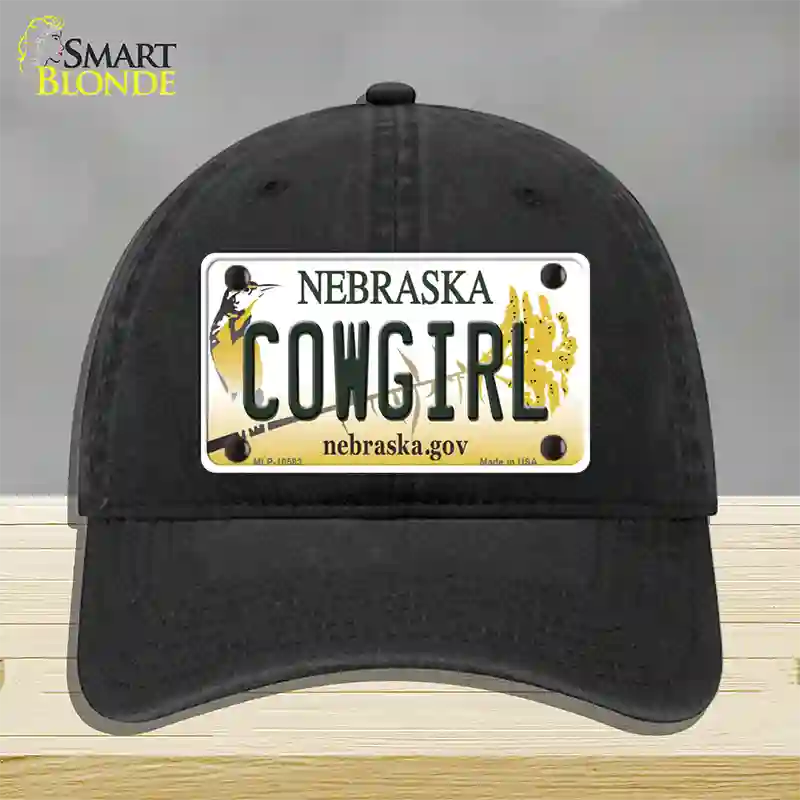 Cowgirl Nebraska Novelty License Plate Hat Unconstructed Cotton / Black