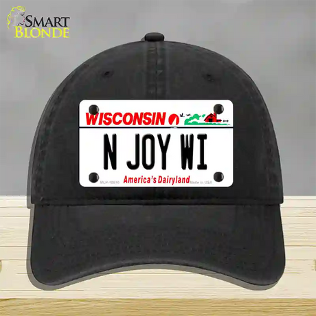 N Joy WI Wisconsin Novelty License Plate Hat Unconstructed Cotton / Black