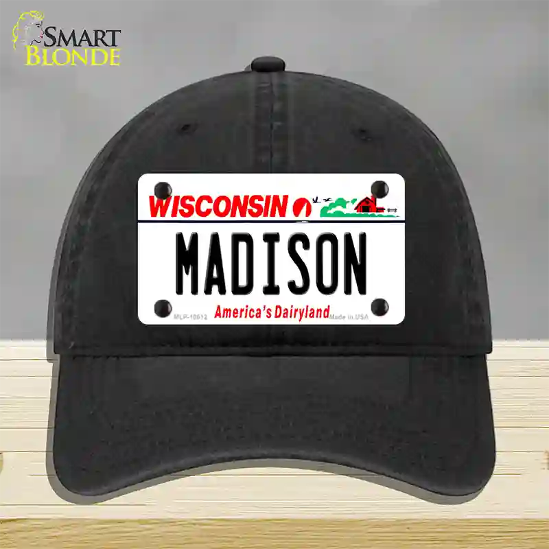 Madison Wisconsin Novelty License Plate Hat Unconstructed Cotton / Black