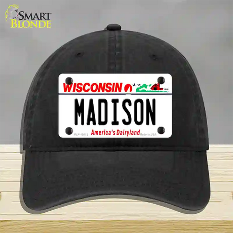 Madison Wisconsin Novelty License Plate Hat Unconstructed Cotton / Black