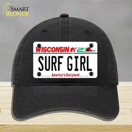 Surf Girl Wisconsin Novelty License Plate Hat Unconstructed Cotton / Black