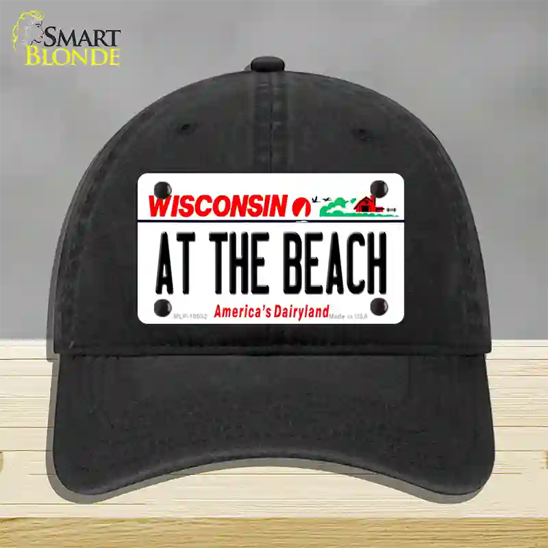 At The Beach Wisconsin Novelty License Plate Hat Unconstructed Cotton / Black