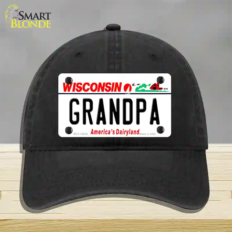 Grandpa Wisconsin Novelty License Plate Hat Unconstructed Cotton / Black