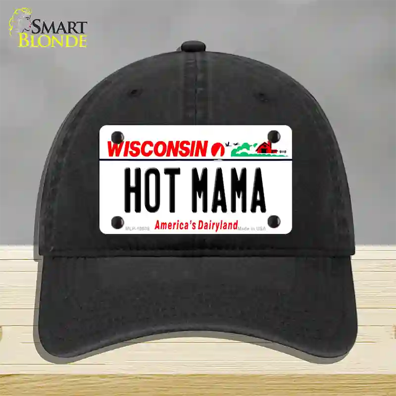 Hot Mama Wisconsin Novelty License Plate Hat Unconstructed Cotton / Black