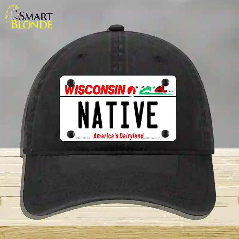 Native Wisconsin Novelty License Plate Hat Unconstructed Cotton / Black