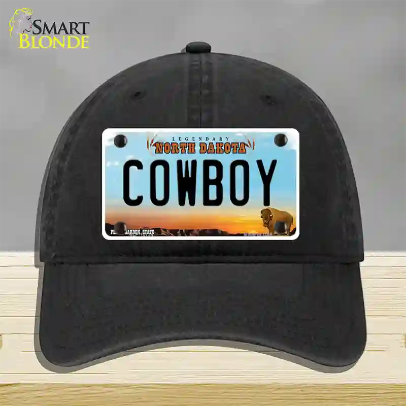 Cowboy North Dakota Novelty License Plate Hat Unconstructed Cotton / Black