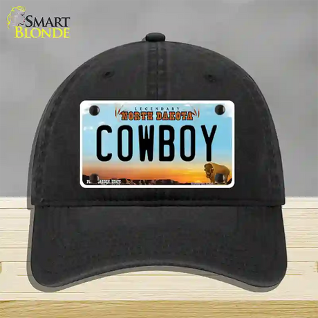 Cowboy North Dakota Novelty License Plate Hat Unconstructed Cotton / Black