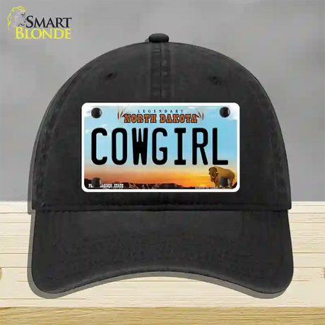 Cowgirl North Dakota Novelty License Plate Hat Unconstructed Cotton / Black