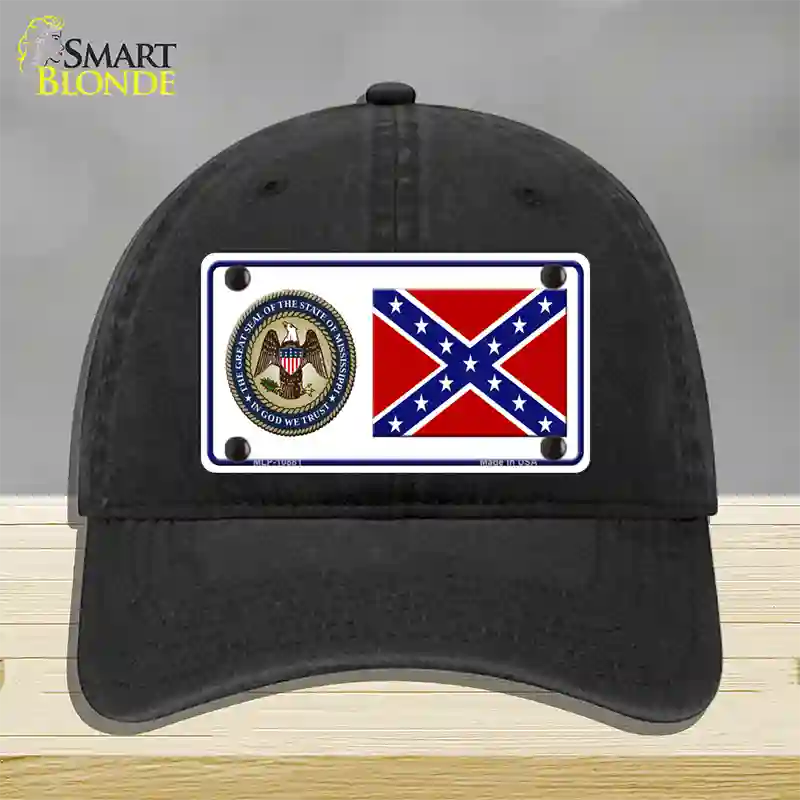 Confederate Flag Mississippi Seal Novelty License Plate Hat Unconstructed Cotton / Black