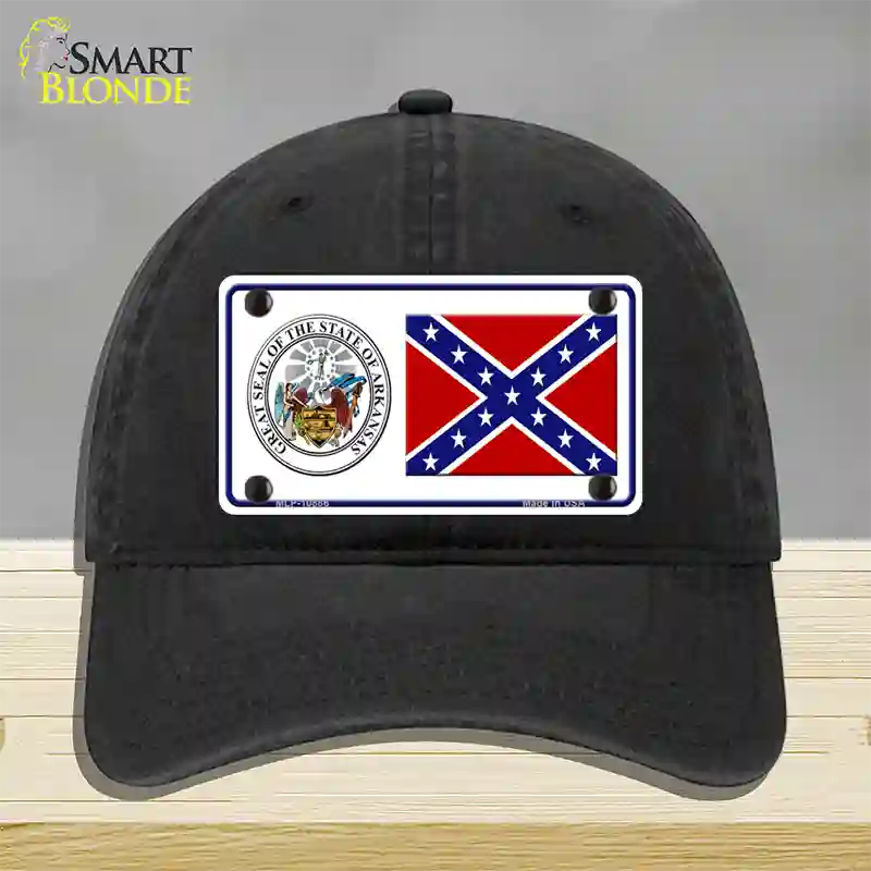 Confederate Flag Arkansas Seal Novelty License Plate Hat Unconstructed Cotton / Black