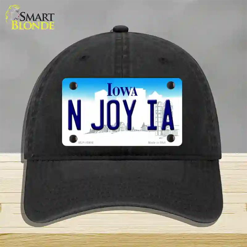 N Joy IA Iowa Novelty License Plate Hat Unconstructed Cotton / Black