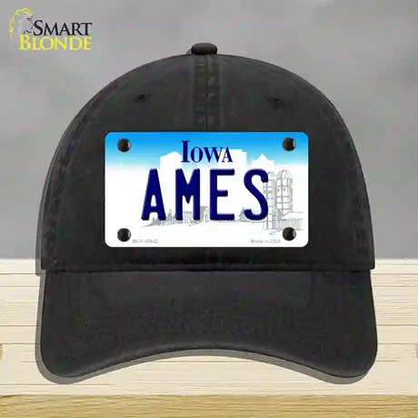 Ames Iowa Novelty License Plate Hat Unconstructed Cotton / Black