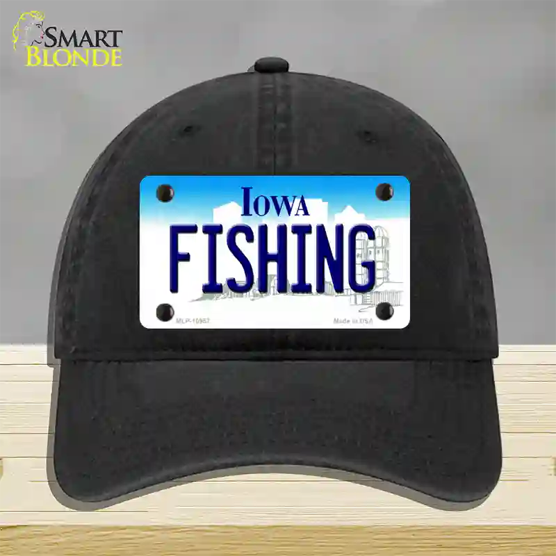 Fishing Iowa Novelty License Plate Hat Unconstructed Cotton / Black