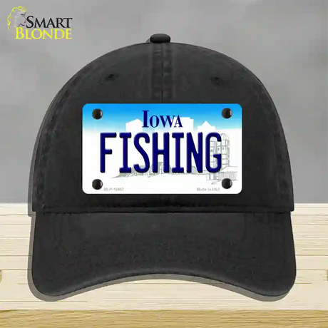 Fishing Iowa Novelty License Plate Hat Unconstructed Cotton / Black