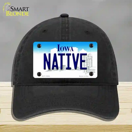 Native Iowa Novelty License Plate Hat Unconstructed Cotton / Black