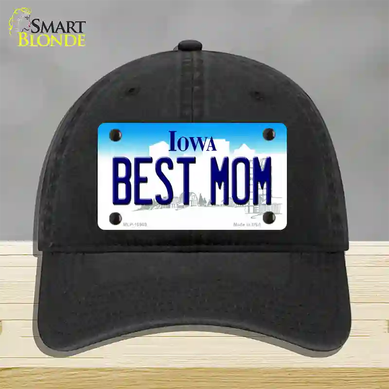 Best Mom Iowa Novelty License Plate Hat Unconstructed Cotton / Black