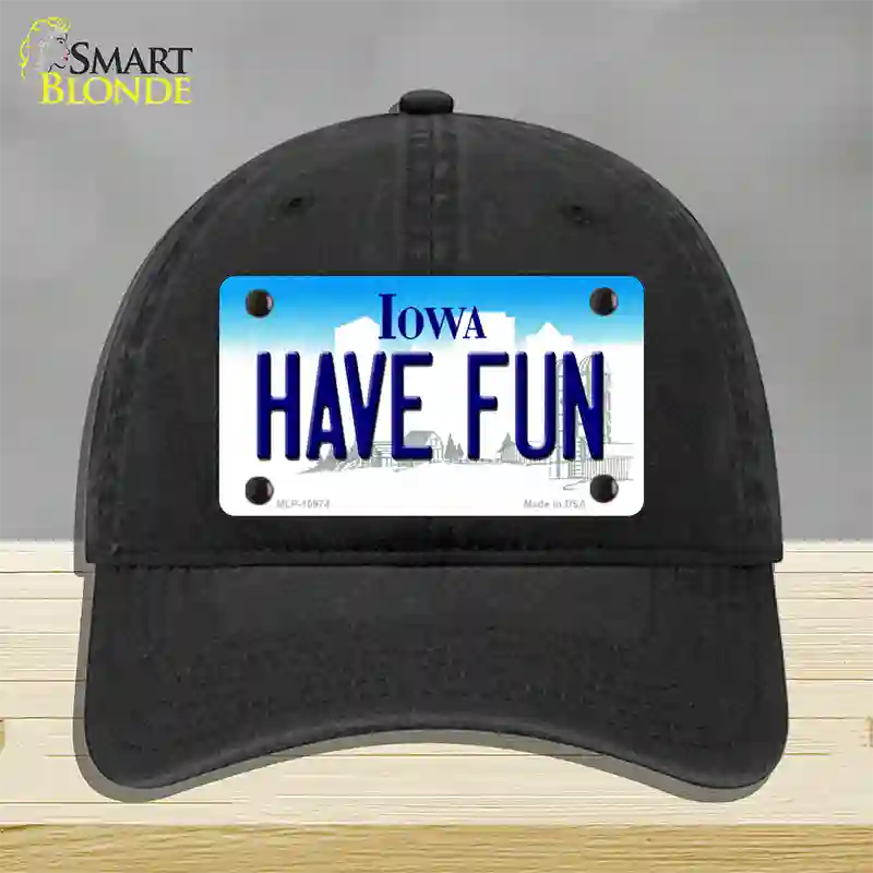 Have Fun Iowa Novelty License Plate Hat Unconstructed Cotton / Black