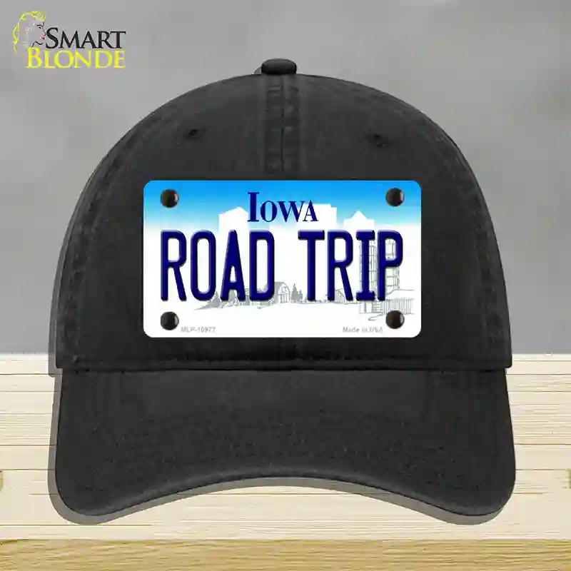 Road Trip Iowa Novelty License Plate Hat Unconstructed Cotton / Black