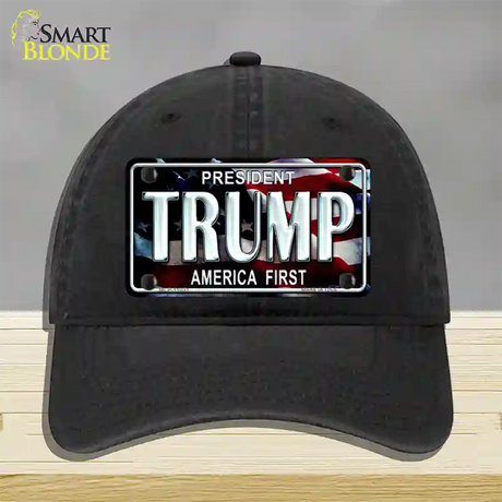 Trump America First Novelty License Plate Hat Unconstructed Cotton / Black