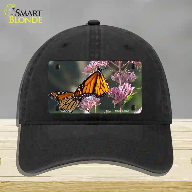 Butterfly Monarch On Flower Novelty License Plate Hat Unconstructed Cotton / Black