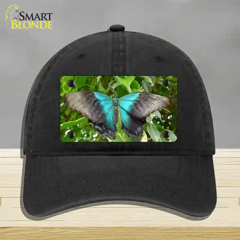 Butterfly Blue and Black Novelty License Plate Hat Unconstructed Cotton / Black