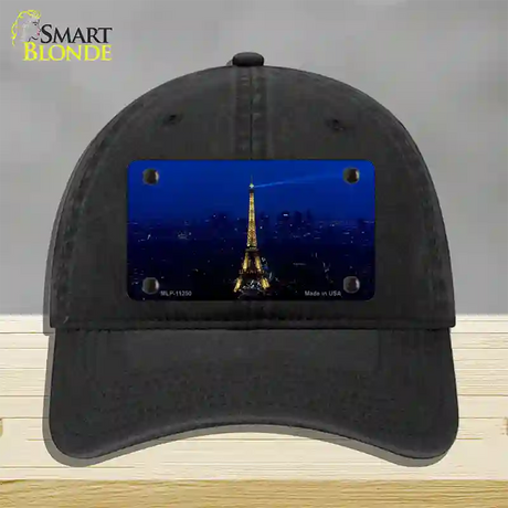 Eiffel Tower Night With City Skyline Novelty License Plate Hat Unconstructed Cotton / Black