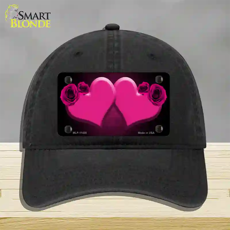 Hearts Over Roses In Pink Novelty License Plate Hat Unconstructed Cotton / Black