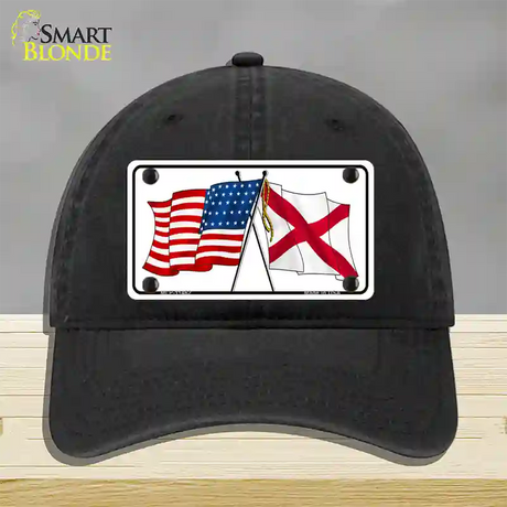 Alabama Crossed US Flag Novelty License Plate Hat Unconstructed Cotton / Black