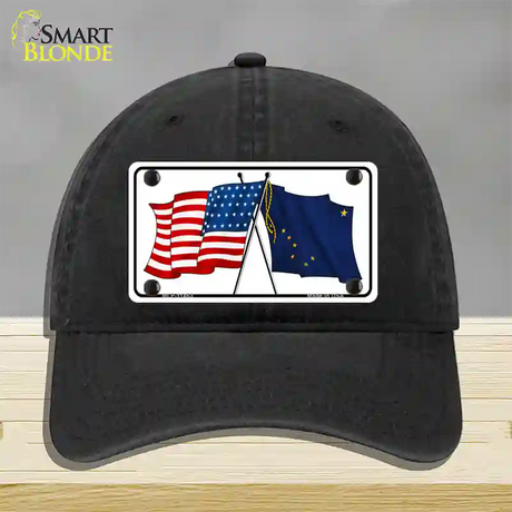 Alaska Crossed US Flag Novelty License Plate Hat Unconstructed Cotton / Black