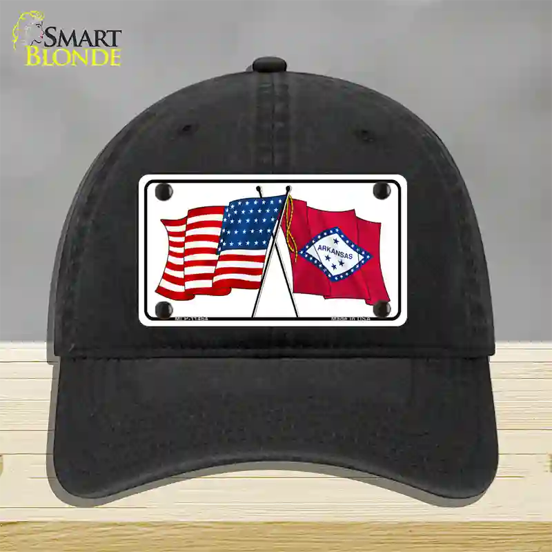 Arkansas Crossed US Flag Novelty License Plate Hat Unconstructed Cotton / Black