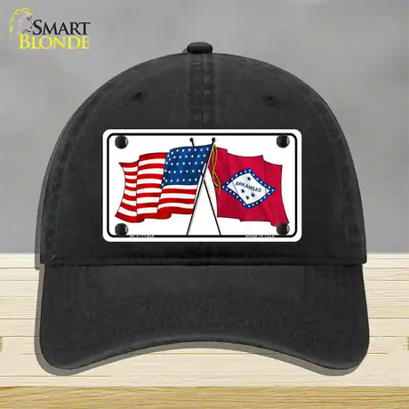 Arkansas Crossed US Flag Novelty License Plate Hat Unconstructed Cotton / Black