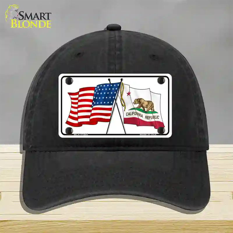 California Crossed US Flag Novelty License Plate Hat Unconstructed Cotton / Black