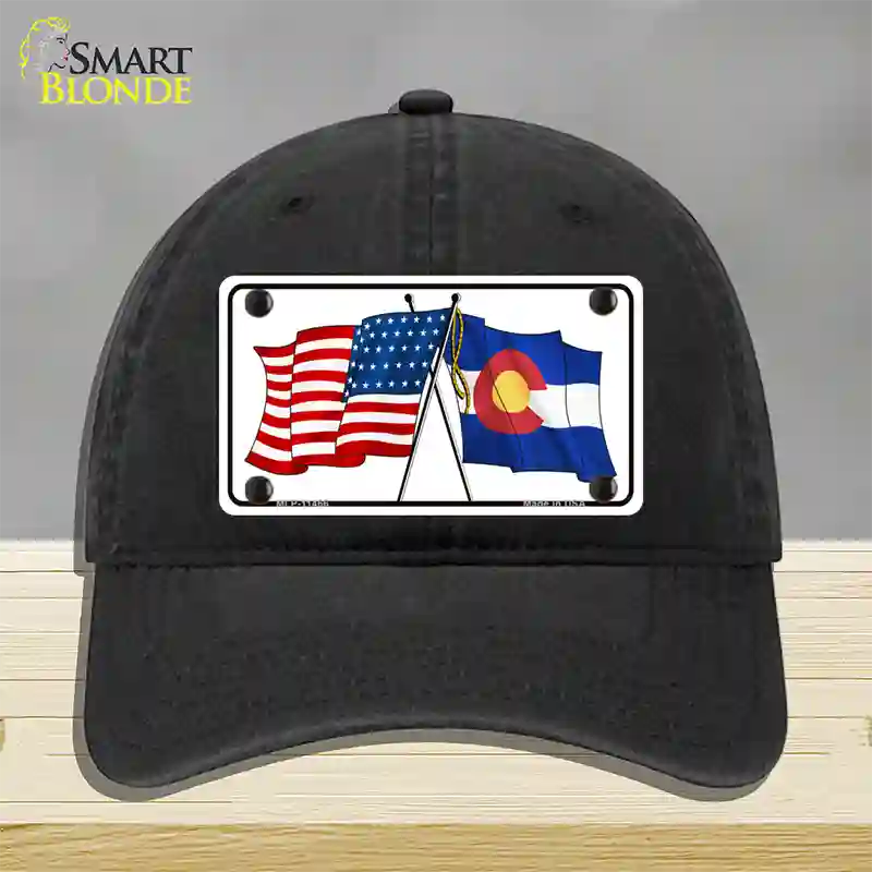 Colorado Crossed US Flag Novelty License Plate Hat Unconstructed Cotton / Black