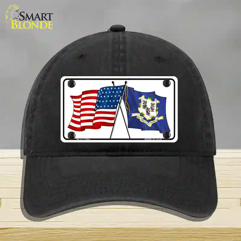 Connecticut Crossed US Flag Novelty License Plate Hat Unconstructed Cotton / Black