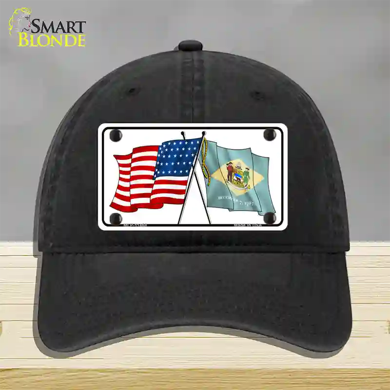 Delaware Crossed US Flag Novelty License Plate Hat Unconstructed Cotton / Black