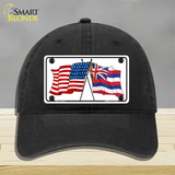 Hawaii Crossed US Flag Novelty License Plate Hat Unconstructed Cotton / Black