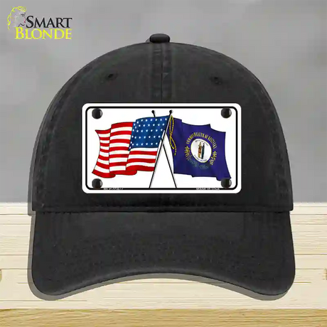 Kentucky Crossed US Flag Novelty License Plate Hat Unconstructed Cotton / Black